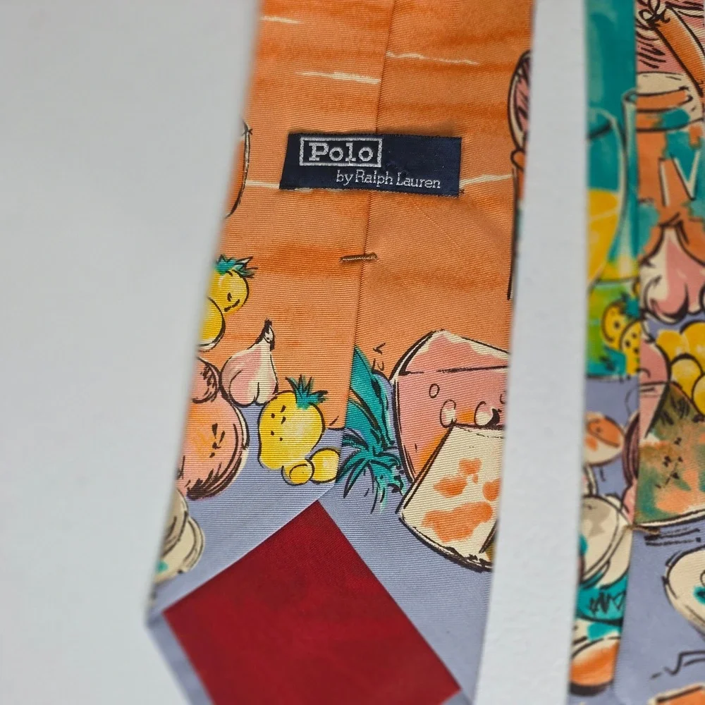 Vintage 90s Polo Ralph Lauren Necktie Mens Orange Picnic Wine Seafood Art Print